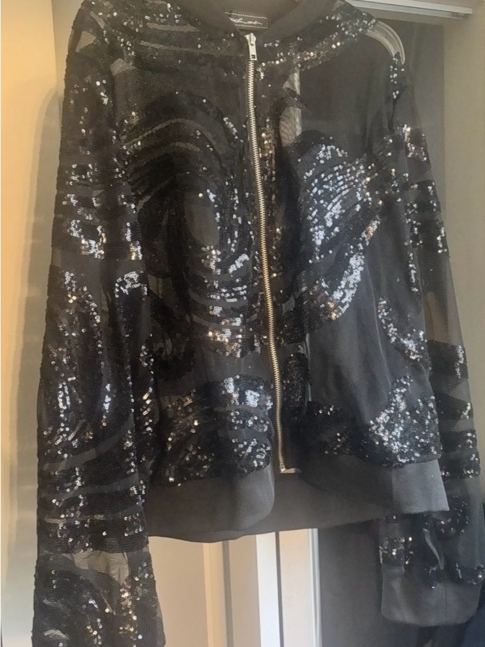 Black Sequin Zip-Front Bomber Jacket